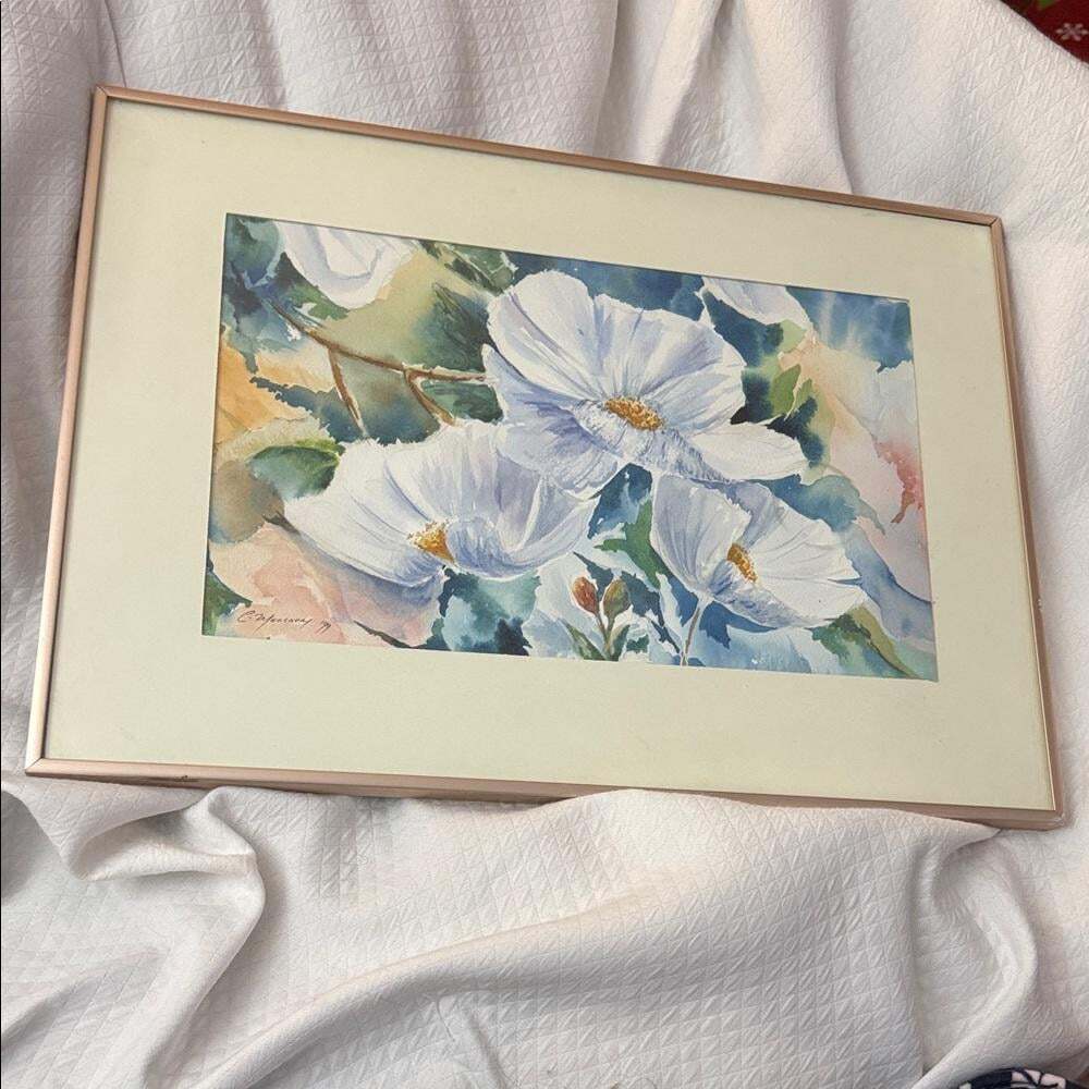 VTG Original Watercolor Floral Painting by C. Meechert 21x15in metal framed Cana